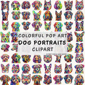 A grid displays forty-eight colorful pop art dog portraits in a wide array of vivid rainbow shades.