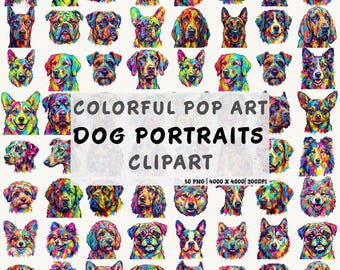 Pop Art Dog Portrait Clipart Bundle : 50 Colorful Splash Puppy PNG, Rainbow Pet Sublimation
