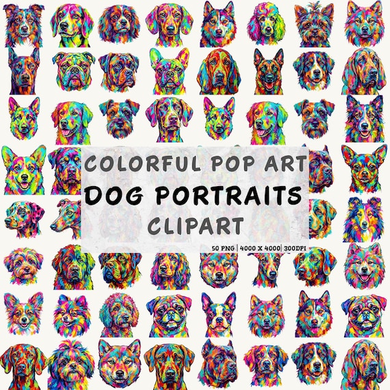 Pop Art Dog Portrait Clipart Bundle : 50 Colorful Splash Puppy PNG, Rainbow Pet Sublimation