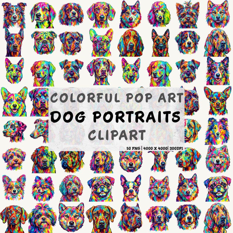 A grid displays forty-eight colorful pop art dog portraits in a wide array of vivid rainbow shades.