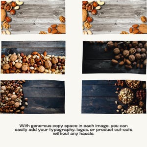 A preview of wooden background photos decorated with assorted nuts and text overlay space.