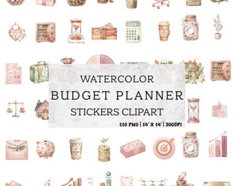May include: A collection of watercolor illustrations featuring financial and planning themes, including jars of coins, piggy banks, safes, calculators, wallets, stacks of cash, hourglasses, charts, and shopping carts, with the text WATERCOLOR BUDGET PLANNER STICKERS CLIPART.