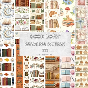 Book Lover Seamless Pattern Bundle, 222 Bookworm Decor Coquette Cottagecore Autumn Reading Digital Paper