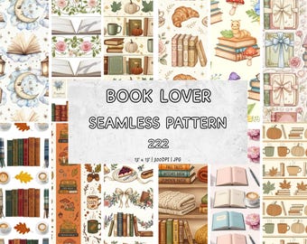 Book Lover Seamless Pattern Bundle, 222 Bookworm Decor Coquette Cottagecore Autumn Reading Digital Paper