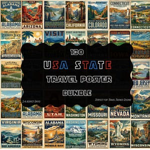 May include: A digital collection of 130 USA state travel posters featuring vintage-style illustrations of landmarks and landscapes. The central text reads 130 USA STATE TRAVEL POSTER BUNDLE with 3:4 ASPECT RATIO printed in the lower left corner.
