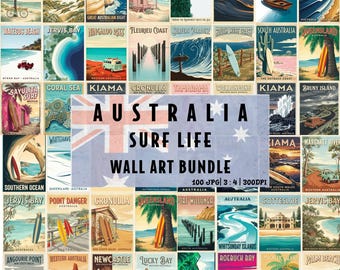 Australia Surf Life Vintage Travel Posters,  100 Printable Australian Gallery Wall Art Set