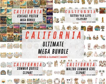 480 California Art MEGA BUNDLE, Retro Coastal Clipart, Vintage Travel Posters, Malibu Beach Girl