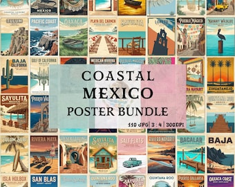 Coastal Mexico Vintage Travel Poster Bundle, 110 Mexican Boho Home Decor, Tropical Wall Art