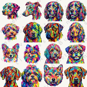Sixteen colorful pop art dog portraits are displayed in a four-by-four grid with distinct breeds and color combinations.
