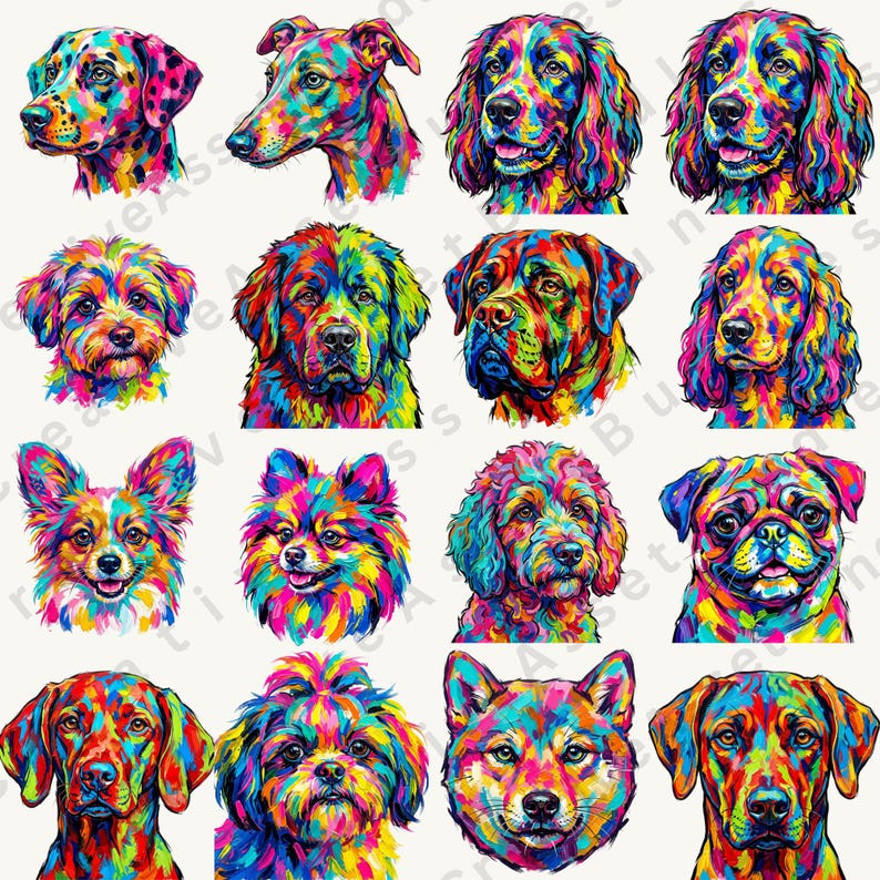 Sixteen colorful pop art dog portraits are displayed in a four-by-four grid with distinct breeds and color combinations.