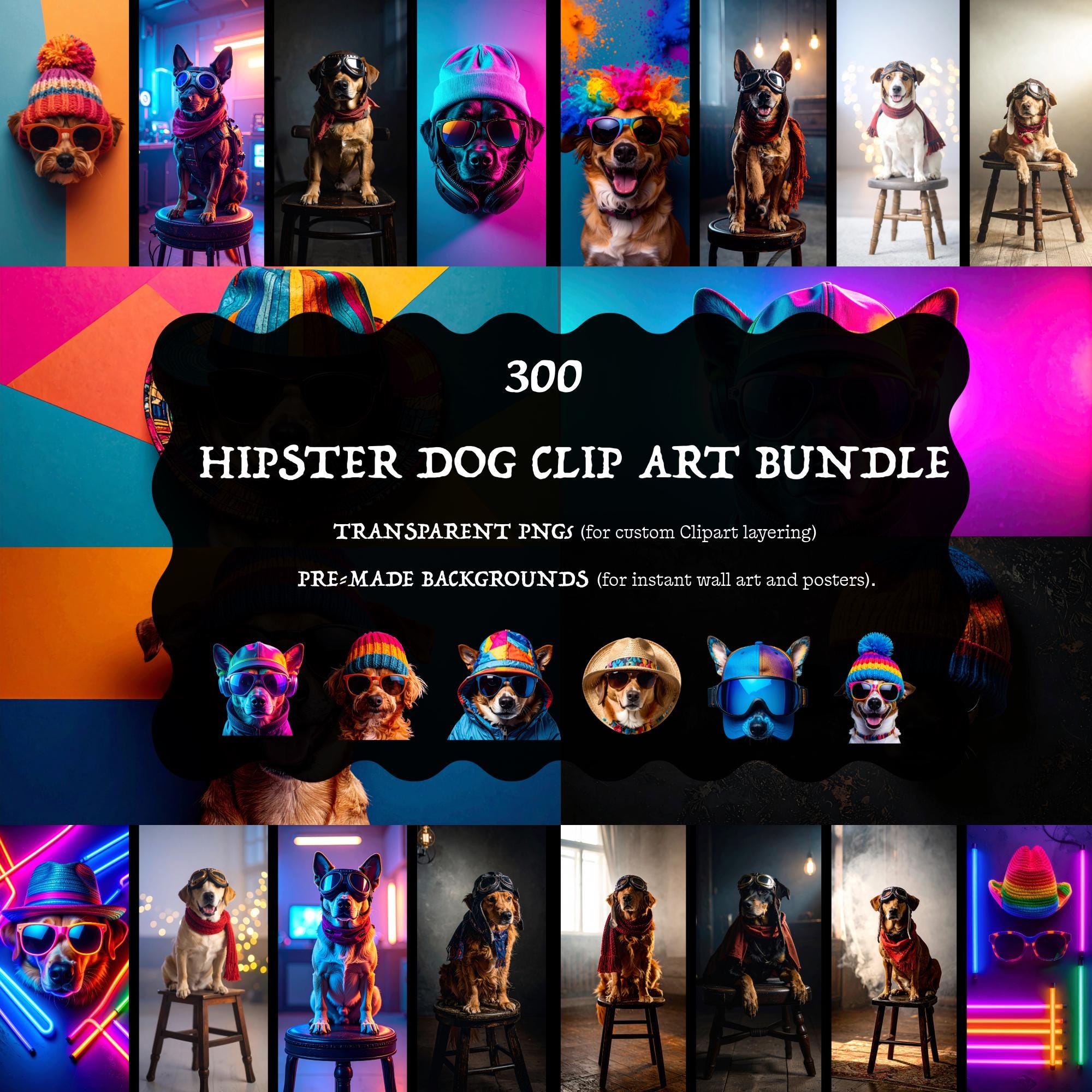 Hipster Dog Clipart Bundle: 300+ Colorful Clip Art Funky Pups ...