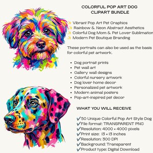 Two colorful pop art dog portraits appear beside text listing clipart bundle details and file formats.