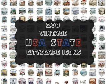 USA States Cityscape Clipart, Vintage City collection, 200 Retro Americana Bundle, Commercial Use