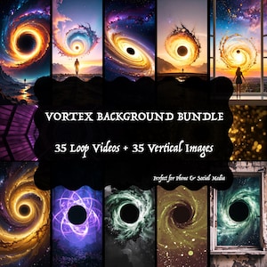 May include: A digital art bundle featuring a collection of vortex backgrounds. The image showcases a variety of swirling, colorful designs with the text "VORTEX BACKGROUND BUNDLE" and "35 Loop Videos + 35 Vertical Images".