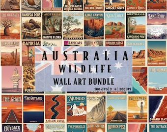 Australia Wildlife Vintage Poster Bundle, 100 Australian Nature Earthy Wall Art Set