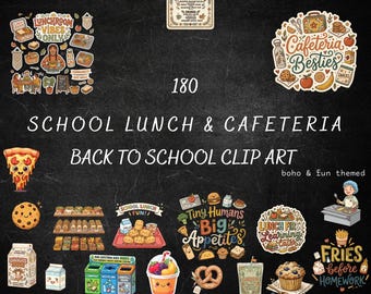 Back to School Lunch Time Clipart, 180 Boho Color Cafeteria Posters & Lunchbox Stickers
