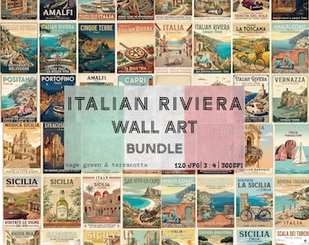 Italian Riviera Vintage Wall Art Bundle, 120 Amalfi Cinque Terre Printable Italy Travel Gift