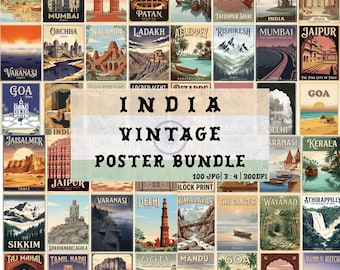 Vintage India Travel Poster Bundle, 100 Boho Indian Wall Art Set