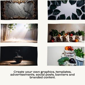 A grid of six green lifestyle stock photos featuring marble, leaves, bamboo, and grocery bags, with promotional text at the bottom.