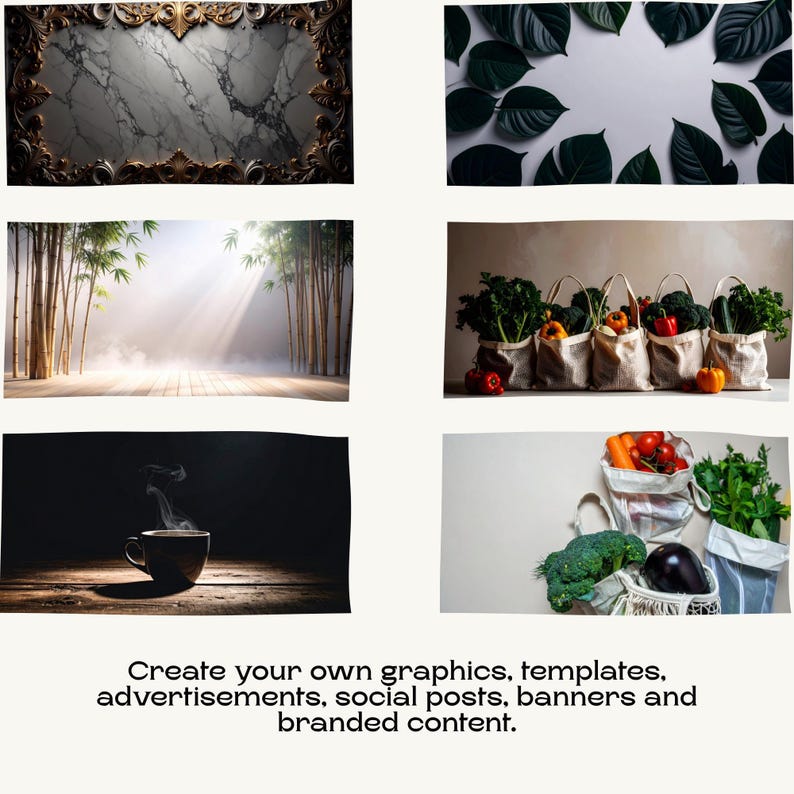 A grid of six green lifestyle stock photos featuring marble, leaves, bamboo, and grocery bags, with promotional text at the bottom.