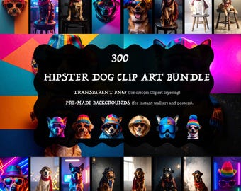 Hipster Dog ClipArt Bundle: 300+ Colorful Clip Art Funky Pups, Transparent PNGs