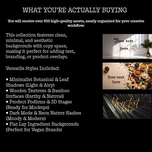 A text-heavy image with three example background images: a minimalist room with a plant, a flat lay of spices, and a dark background with a gold leaf, each with "Your text here" overlaid.