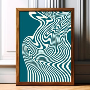 May include: A rectangular wall art print encased in a medium-toned wooden frame. The artwork features a deep teal background with a series of flowing, wavy white lines that create a dynamic, liquid-like pattern across the entire surface.