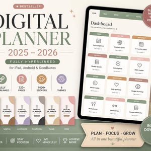 May include: A digital planner for 2025-2026, fully hyperlinked for iPad, Android, and GoodNotes. The image shows a tablet displaying the planner's dashboard, with sections for year, week, day, and more. Includes 720+ pages, 1000+ stickers, and 6 themes.