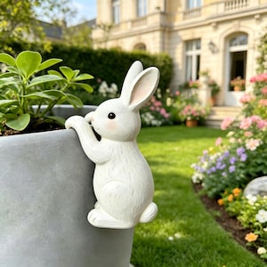 May include: A white rabbit ornament with pink inner ears and rosy cheeks clings to a grey planter. The rabbit has detailed fur texture and black eyes. The scene is set outdoors with a green lawn and a building in the background.