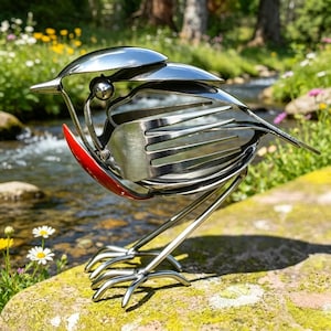 Könnte beinhalten: Eine skurrile Metallvogel-Skulptur aus Löffeln, Gabeln und anderem Besteck. Der Vogel hat eine rote Brust und steht auf einem Felsen in der Nähe eines Baches. Diese einzigartige Skulptur ist ein Stück Gartenkunst.