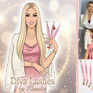 May include: Illustration of a woman with long blonde hair, wearing a pink dress and a white cardigan, holding pink eyelash extension tweezers. The image includes the text "Diva Lashes by Klaudia". The tweezers have decorative charms.