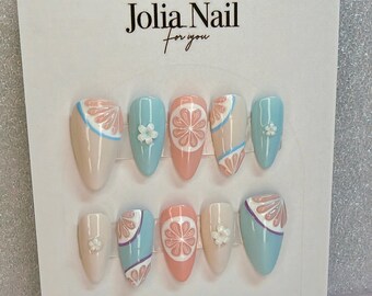Pastel Citrus Press On Nails | Blue Peach French Tip Nails