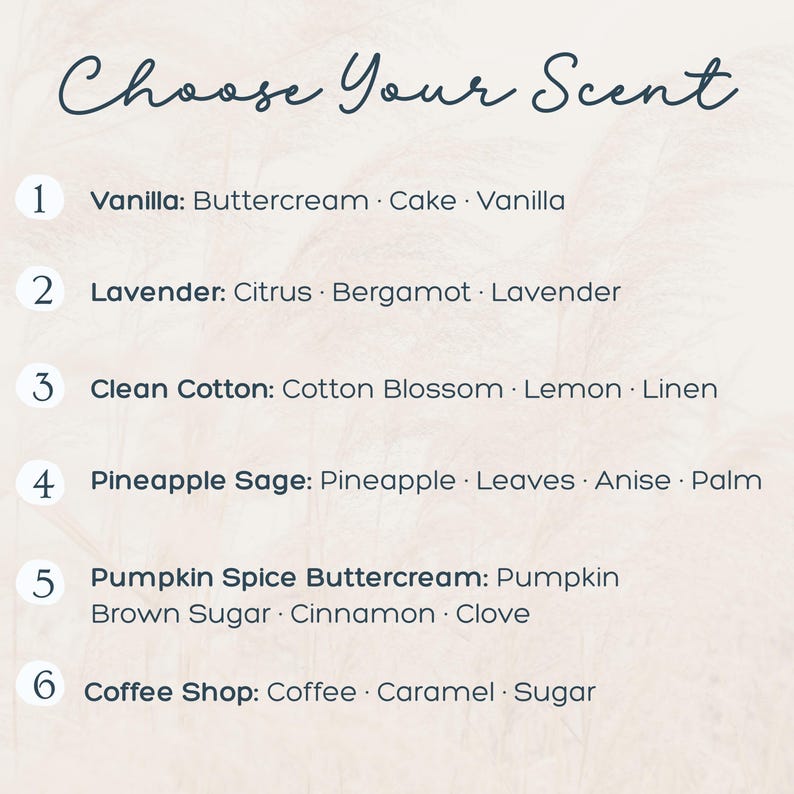 May include: A cream-colored graphic with the text "Choose Your Scent" in a cursive font. Below, six scent options are listed, each with a number and a description, including Vanilla, Lavender, Clean Cotton, Pineapple Sage, Pumpkin Spice Buttercream, and Coffee Shop.