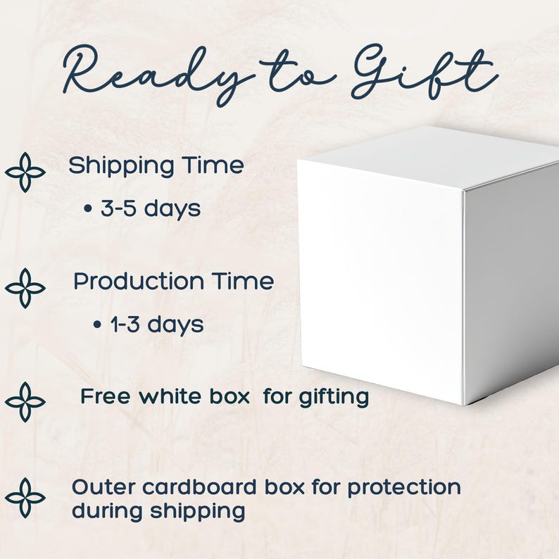 May include: A white square gift box with the words "Ready to Gift" in cursive script. Text below indicates a free white box for gifting and an outer cardboard box for protection during shipping.