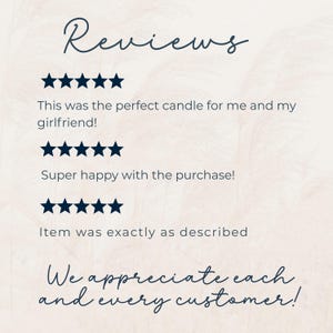 May include: Image of customer reviews with five-star ratings. Text includes "Reviews", "This was the perfect candle for me and my girlfriend!", "Super happy with the purchase!", "Item was exactly as described", and "We appreciate each and every customer!"