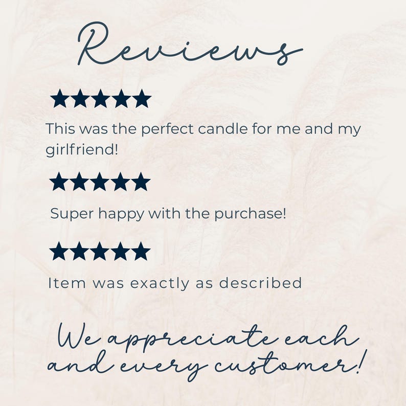 May include: Image of customer reviews with five-star ratings. Text includes "Reviews", "This was the perfect candle for me and my girlfriend!", "Super happy with the purchase!", "Item was exactly as described", and "We appreciate each and every customer!"