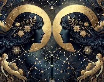 Konsttryck med stjärntecken Tvillingarna | Himmelska tvillingar | Art Nouveau-illustration | Gult guld | Digital nedladdning | Utskrivbar väggkonst