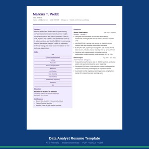 May include: A Data Analyst resume template, with the name Marcus T. Webb at the top. It highlights skills such as SQL, Python, and Tableau, and details experience in Senior and Data Analyst positions. The template is ATS-friendly and available for instant download.