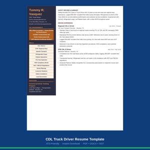 Plantilla de currículum para conductor de camión con licencia CDL / Compatible con sistemas ATS / Word, Apple Pages y Google Docs / Diseño moderno / Descarga instantánea