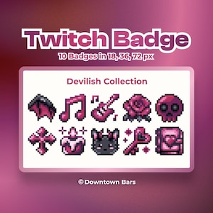 Puede incluir: Un conjunto de diez insignias de Twitch en pixel art titulado Devilish Collection, con iconos de alas de murciélago, notas musicales, guitarra, rosa, calavera, cruz, corona, gato, llave de corazón y libro, en tamaños de 18, 36 y 72 px.