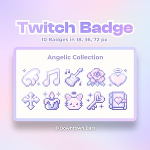 May include: A digital set of 10 pixel art Twitch badges titled Angelic Collection. The icons feature light purple and white designs including wings, musical notes, a guitar, a rose, a heart, a cross, a candle, a cat face, a key, and a book.