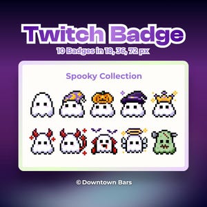 May include: A digital set of 10 pixel art Twitch badges titled Spooky Collection, featuring white ghosts with various accessories like a pumpkin, witch hat, crown, devil horns, and halo, plus one green monster, in 18, 36, and 72 px sizes.