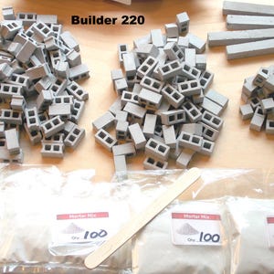 May include: A collection of miniature gray concrete blocks and rectangular bricks, along with packets of mortar mix and a wooden stirring stick. The text "Builder 220" is visible.