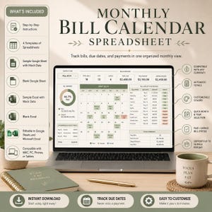 Calendrier mensuel des factures (Excel et Google Sheets) : outil de suivi des factures et de planification des échéances de paiement pour les familles, les couples et la gestion budgétaire personnelle.