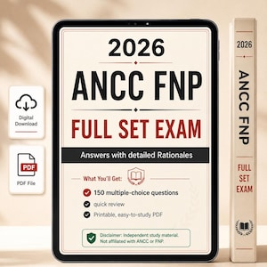 May include: A tablet displaying 2026 ANCC FNP Full Set Exam study materials with 150 multiple-choice questions, answers, and rationales. Beside it stands a matching book spine. Icons indicate a digital download and PDF file format.