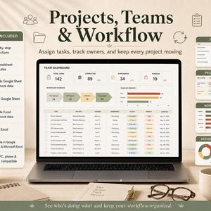 Peut inclure: Un &eacute;cran d'ordinateur portable affichant un tableau de bord Projects, Teams & Workflow avec suivi des t&acirc;ches, tableaux de projet et vues de charge de travail. L'interface comprend des tableaux de donn&eacute;es, des barres de progression et des graphiques.