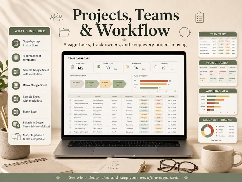 Peut inclure: Un &eacute;cran d'ordinateur portable affichant un tableau de bord Projects, Teams & Workflow avec suivi des t&acirc;ches, tableaux de projet et vues de charge de travail. L'interface comprend des tableaux de donn&eacute;es, des barres de progression et des graphiques.