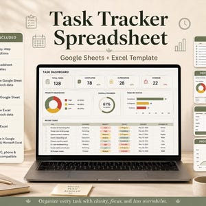 Pode incluir: Uma tela de laptop exibindo um painel de planilha de rastreamento de tarefas com gráficos, listas de tarefas e métricas de progresso. A interface inclui seções para tarefas totais, detalhamento de prioridades e tarefas recentes.