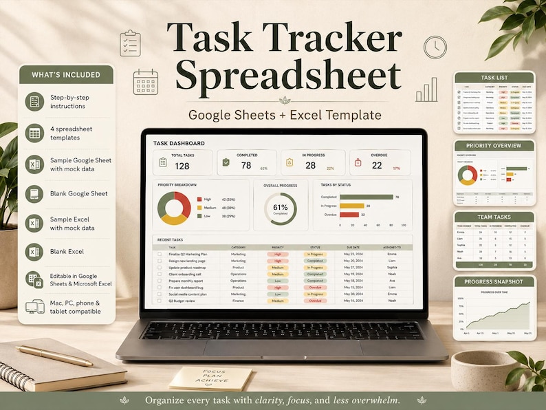 Peut inclure: Un &eacute;cran d'ordinateur portable affichant un tableau de bord de suivi des t&acirc;ches avec des graphiques, des listes et des indicateurs de progression. L'interface inclut des sections pour les t&acirc;ches totales, les priorit&eacute;s et les t&acirc;ches r&eacute;centes.
