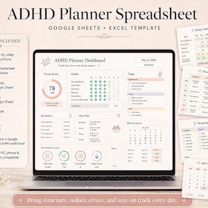 ADHD Planner Spreadsheet Excel, Google Sheets Task Tracker, Habit Routine Dashboard for Adults, Students and Productivity Organization Tool